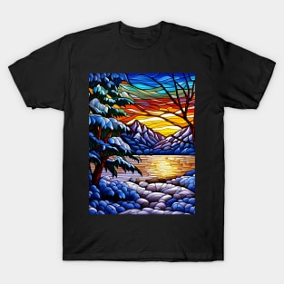 Stained Glass Snowy Winter Scene T-Shirt